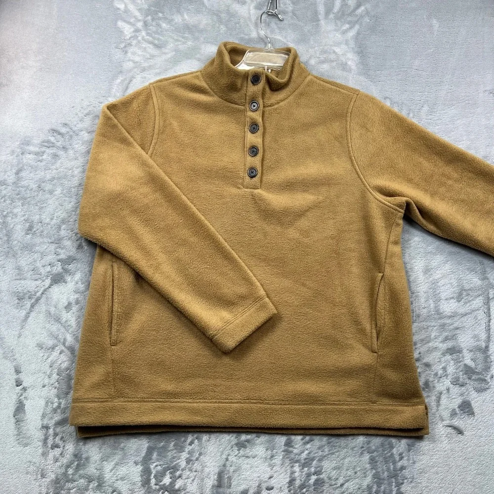 J.Crew Fleece Pullover Men Large Tan Button Mock Neck Pocket Sweater 1276